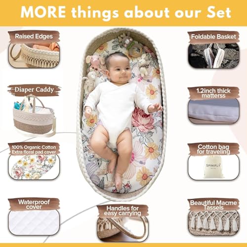 Beige Baby Changing Basket Set with Diaper Caddy Organizer - Handcrafted Cotton Boho Nursery