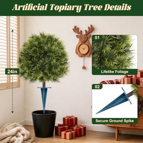 Yangrass 2PCS Buddhist Pine Topiary Trees with Ground Spike for Christmas Decor