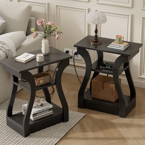 End Table with Charging Station Set of 2 - Modern Curved Nightstands, Black