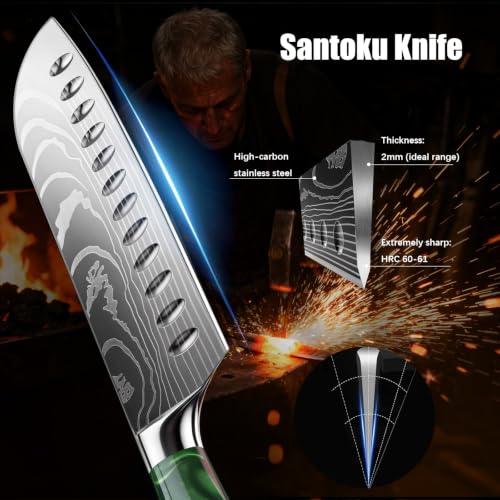 NOVKSO 7-Inch Green Santoku Knife with High-Carbon Steel & Resin Handle