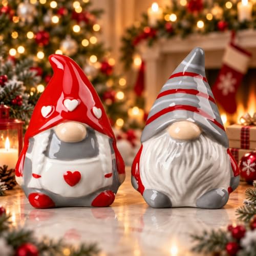 Vesici Christmas Red & White Ceramic Gnome Salt & Pepper Shaker Set - Heart, 3.3 Inch