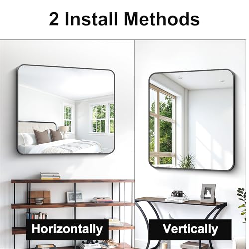 BONEWEI 36x40 Inch Black Rounded Rectangle Wall Mirror - Vanity, Bathroom & Living Room Decor
