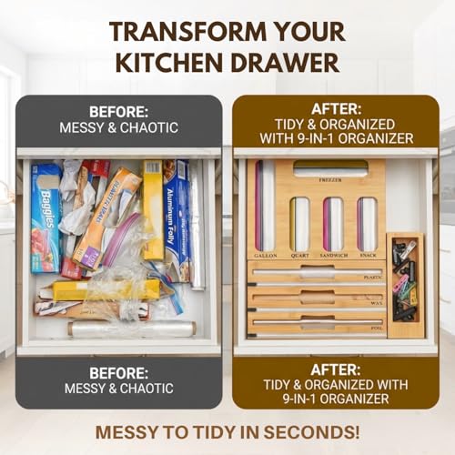 9-in-1 Bamboo Drawer Organizer for Food Wraps & Storage Bags with Cutter