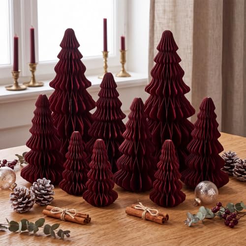 Fullhawl 10 Pcs Honeycomb Paper Christmas Tree Set Burgundy 4/6/7/10 Inch