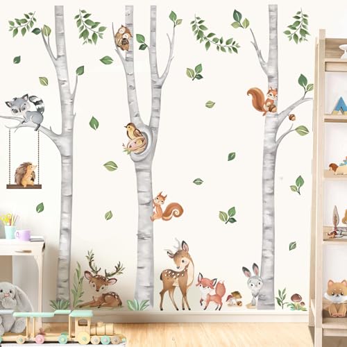 wondever Large Birch Tree Animals Wall Stickers White Tree Forest Owl Fox Deer Peel and Stick Wall Art Decals for Baby Nursery Kids Bedroom Living Room (H:160cm)