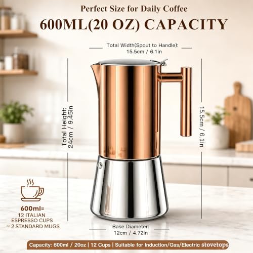 Newdehanm 20oz Rose Gold Stainless Steel Moka Pot - 12-Cup Stovetop Espresso Brewer
