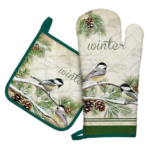 Winter Bird Leaf Oven Mitts & Pot Holders Set (Bird Leaf) 100% Cotton, 2pc