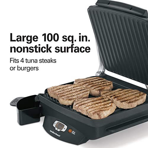Hamilton Beach Indoor Electric Searing Grill with Nonstick Surface, 100 sq in, Black and Stainless Steel