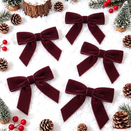 24Pcs Burgundy Red Velvet Christmas Bows - Small Holiday Gift & Decor
