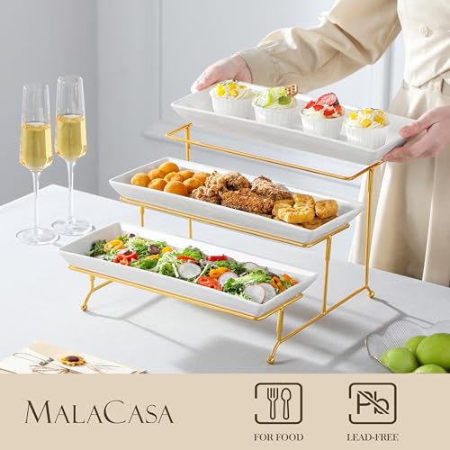 MALACASA 3 Tier Serving Tray Set - White Gold 14 Inch Porcelain Dessert Stand