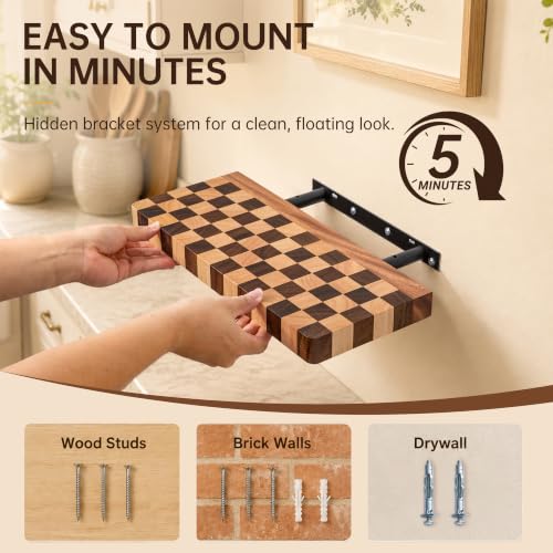 Fyctio 16 Inch Solid Wood Checkered Floating Wall Shelves Set of 2 – Rustic Modern Farmhouse Decor