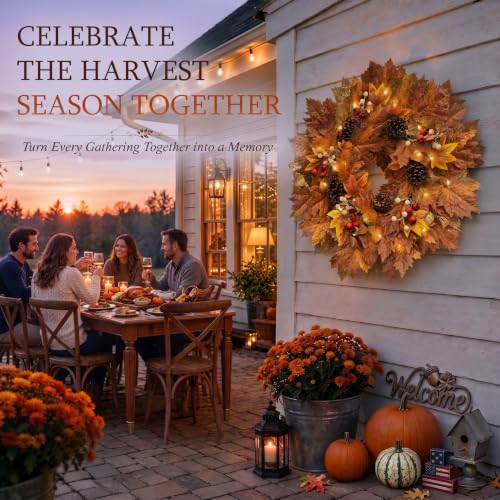 Presentastic 26-Inch Fall Wreath with Lights for Front Door & Wall Decor