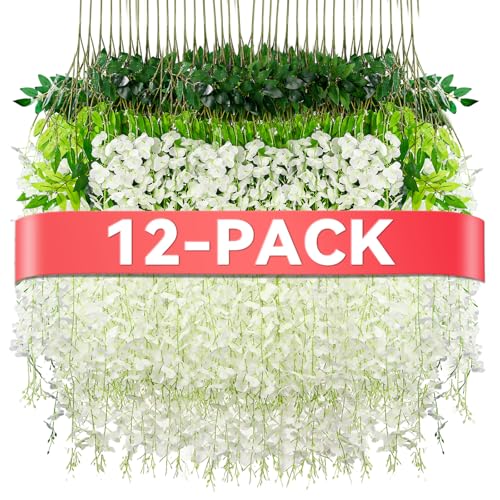 Artificial White Wisteria Hanging Flowers 12-Pack - Decorative Faux Vines for Wedding and Party Decor