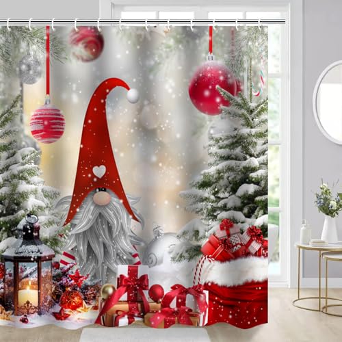 Christmas Shower Curtain, Gnome Shower Curtain Set, Winter Shower Curtains for Bathroom, Lovely Cute Sprite Bathroom Shower Curtain Sets, Shower Curtains Bathroom Decor 72x72 inch