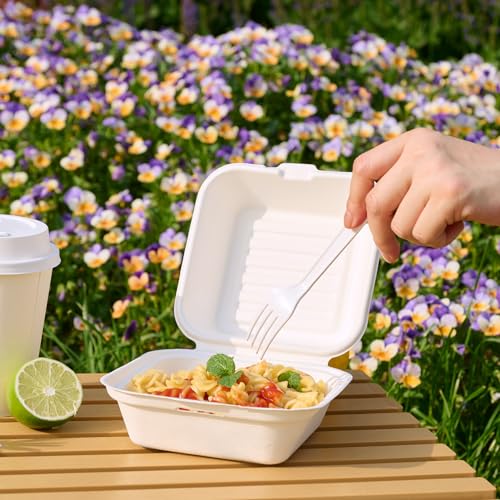 White 6-Inch Sugarcane To-Go Food Containers - 1-Compartment Clamshell, Eco-Friendly, Leak-Proof, 200 Pack