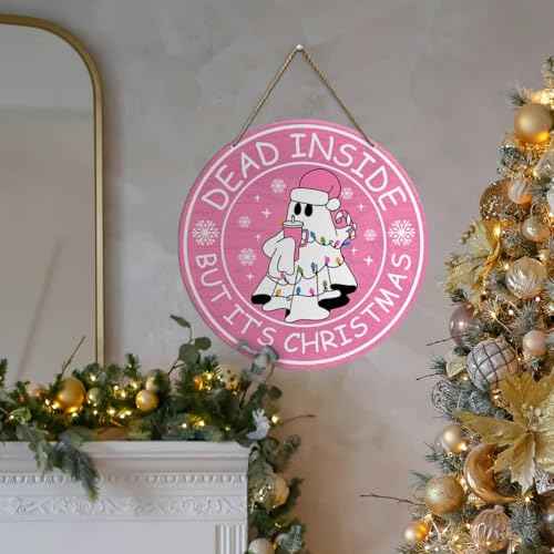 Winter Pink Xmas Merry Christmas Snowflake Sign Decorations Indoor Front Door, Pink Winter Christmas Snowflake Sign Decor for Home Porch Room Bedroom Dead Inside