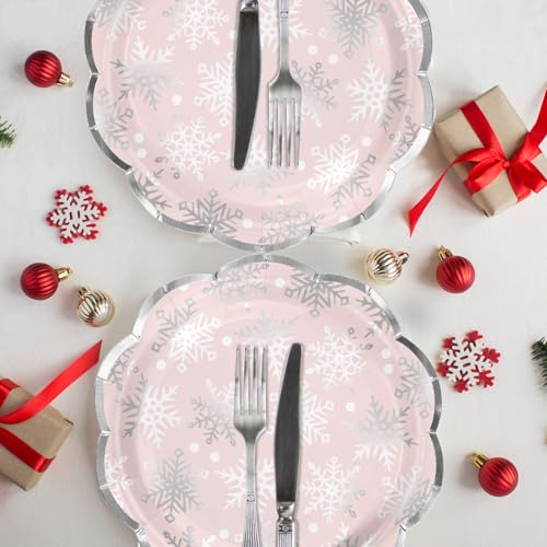 LeZakaa 25Pcs Christmas Paper Plates - Snowflake in Pink Silver Foil Winter Holiday Design Disposable Party Plates Decorative Tableware Supplies Table Decor for Christmas - 7 Inch