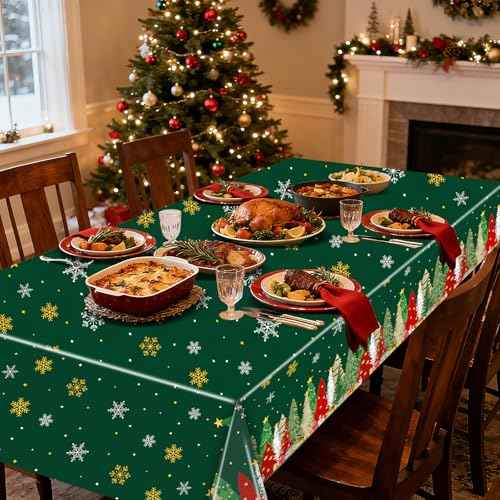 3 Pcs Christmas Tablecloth - Xmas Tree Plastic Table Cloth, 54 x 108 Inch Green Xmas Disposable Rectangle Table Cover with Snowflake Pattern for Christmas Party, Winter Holiday Dinner Decoration