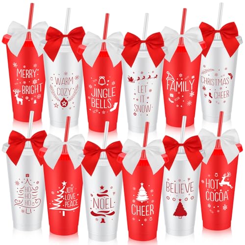 Potchen Reusable Christmas Plastic Cups with Straws & Lids 12 Pack - Red & White