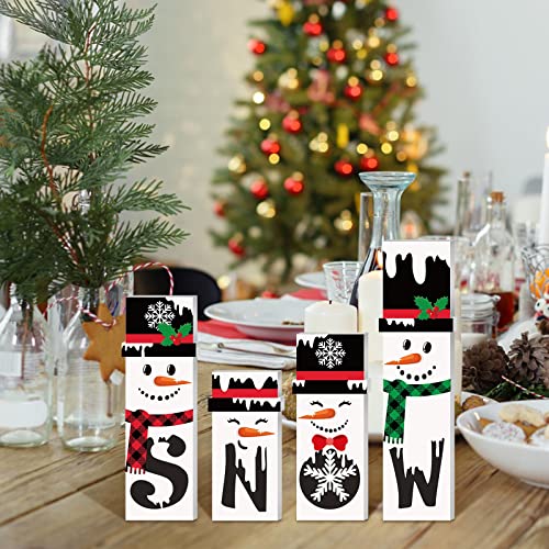 Qunclay 4 Pieces Winter Decor Wooden Snowman Tabletop Decorations Christmas Wooden Snowman Blocks Signs for Home Fireplace Mantle