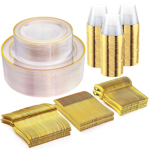 WELLIFE 300Pcs Clear Gold Disposable Dinnerware Set - Heavy Duty Plates, Cups & Cutlery - Variation: Clear Gold / 300