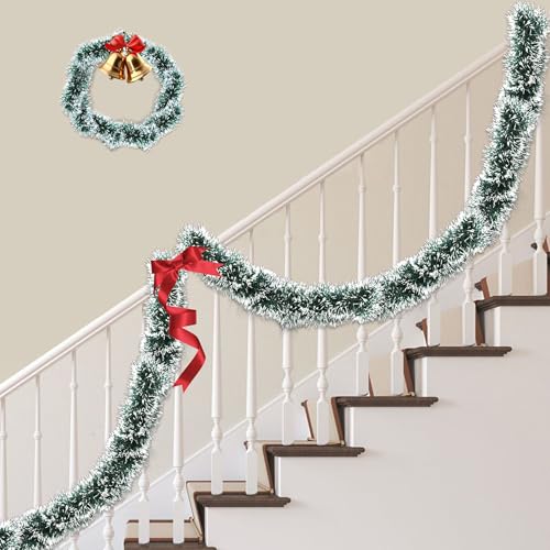 Huyamap 50FT Green White Christmas Tinsel Garland Metallic Twist Xmas Decor