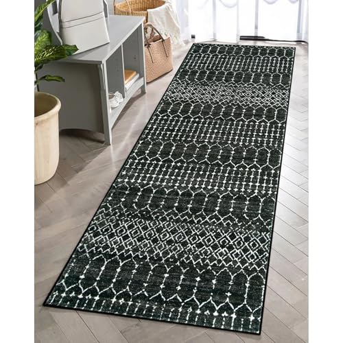 Lahome Black Moroccan Runner Rug 2.5' x 12' Washable Non-Slip Indoor Floor Carpet