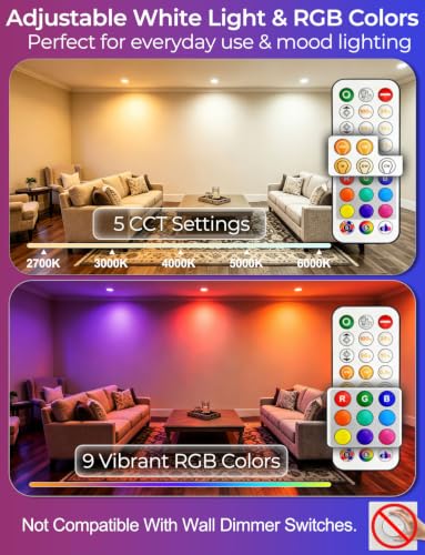 RGB Color Changing 6 Inch Recessed Ceiling Lights - 6 Pack with Remote