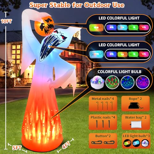 10 Ft Halloween Ghost Inflatable with Pumpkin and LED Lights - Outdoor Yard Decor