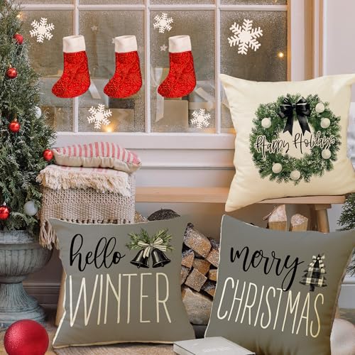 Christmas Forest Throw Pillow Covers Set 18x18 Inch - Pack of 4 - Holiday Home Decor