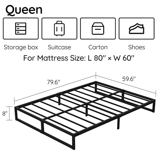 Richwanone 8 Inch Queen Metal Bed Frame - Heavy Duty Platform Bed, Noise-Free, Easy Assembly, Black