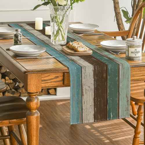 Artoid Mode Green Retro Rustic Wood Texture Table Runner, Seasonal Spring Kitchen Dining Table Decoration for Home Party Decor 13x90 Inch