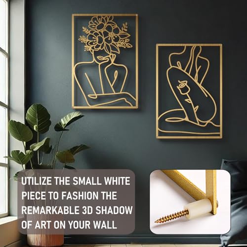 Bakovity Gold Metal Abstract Wall Art Set 22.5 x 15.7 in - Floral Minimalist Line Decor for Bedroom & Living Room