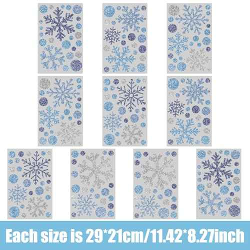 Zhanmai 200 Pcs/ 10 Sheets Christmas Snowflakes Wall Decals Window Clings Blue Silver Snowflake Stickers Peel and Stick Wall Ornament for Winter Removable Christmas Holiday Crafts Supplies