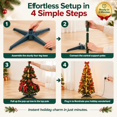 Skasii 5FT Red Pop Up Christmas Tree with LED Lights, Fully Pre-Decorated