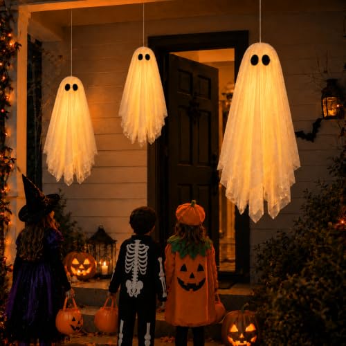 White Medium Hanging Ghost Decorations Set - Pre-Assembled Halloween Ghosts with Remote & Warm Glow