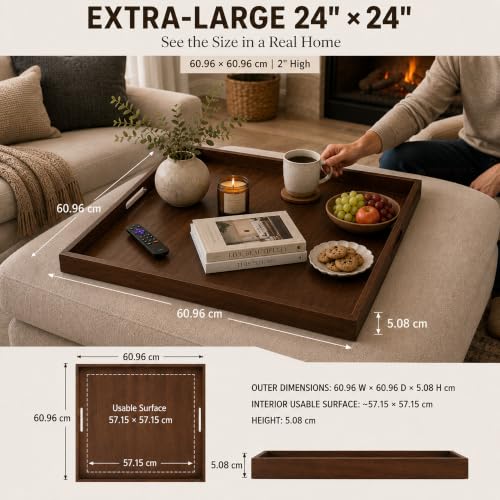 BARsics 24x24 inches Square Walnut Wooden Ottoman Tray, Large Living