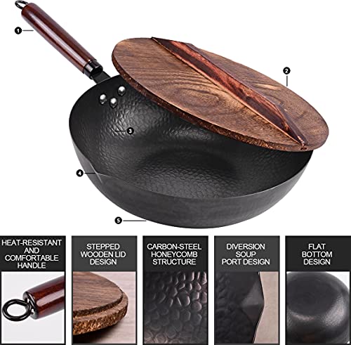 12.8-Inch Carbon Steel Wok with Lid and Accessories Set - Non-Stick Honeycomb Design