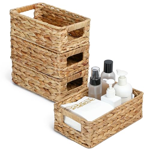 Water Hyacinth Wicker Storage Baskets - Small 4 Pack, 10" Long, Decorative for Shelves & Countertops
