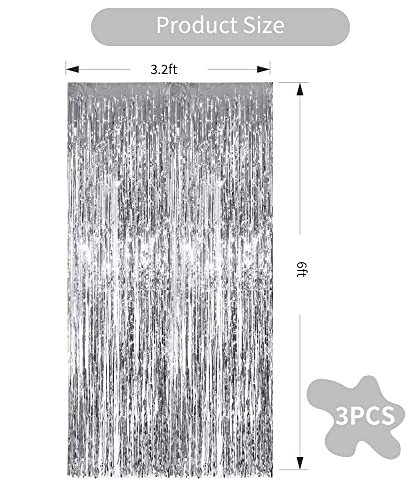 TONIFUL 3-Piece Silver Foil Tinsel Curtain Backdrop 3.28ft x 6.56ft – Photo Booth Fringe Decor