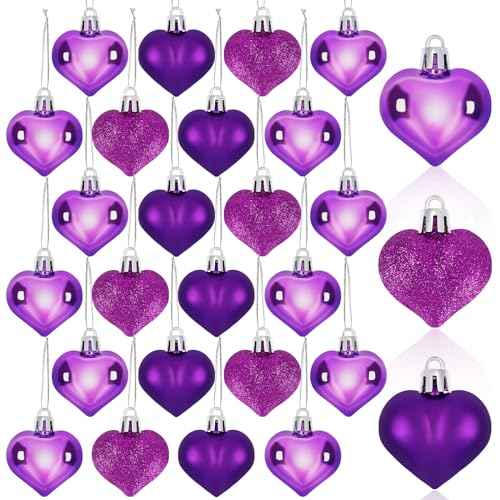 24 Pcs Purple Heart Ornaments, Heart Shaped Bulk Hanging Ornaments Decor, 3 Assort Styles, for Wedding Anniversary Birthday Party Decorations
