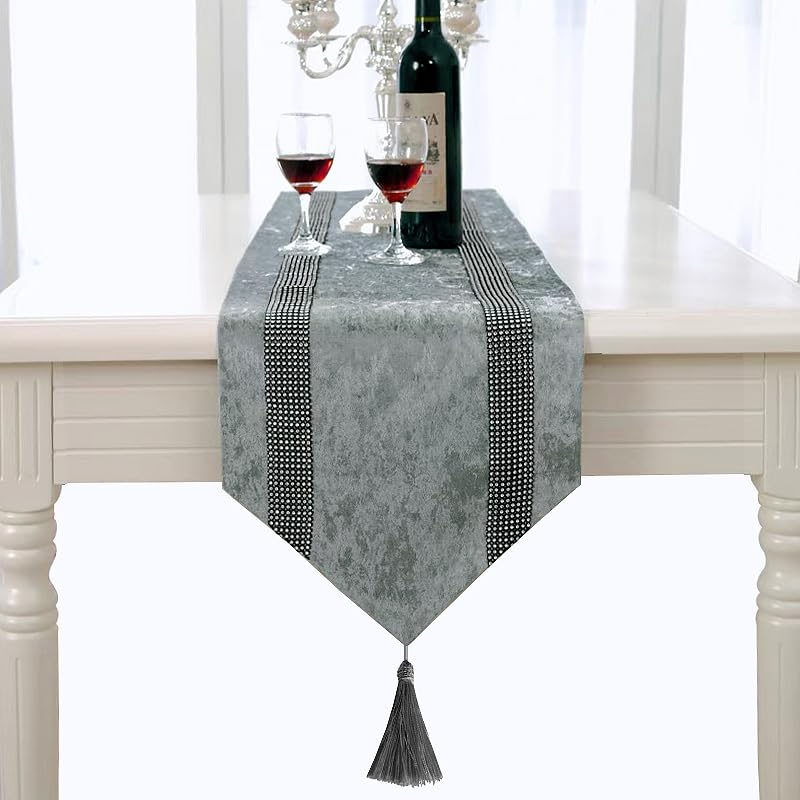 Jiino 13x84 Gray Elegant Velvet Table Runner with Silver Sequin Rhinestones