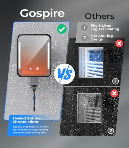 Gospire Black Heated Fogless Shower Mirror with Light, 6.3x7.9 inches, Rechargeable & Rotatable for Shaving
