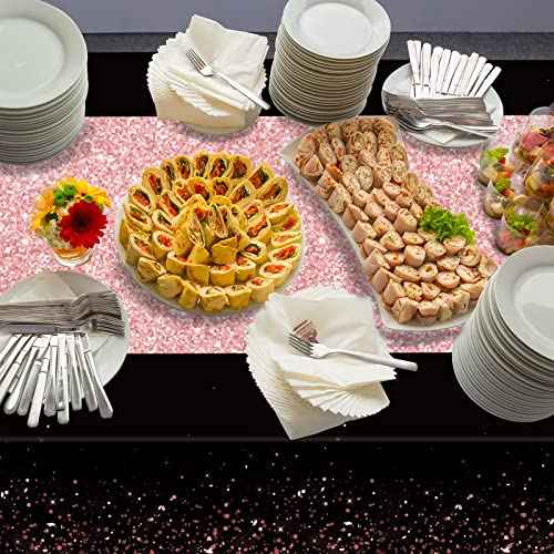 3pcs Black Rose Gold Party Tablecloths 108x54 Inch Rose Gold Sequin Printed Plastic Table Cover Glitter Diamonds Happy Birthday Decoration Supplies for Wedding Graduation Anniversary Indoor Outdoor