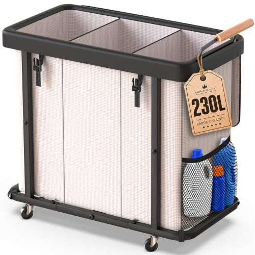 White 3-Section Laundry Hamper with Wheels & Lid - 60 Gal, Foldable & Sturdy