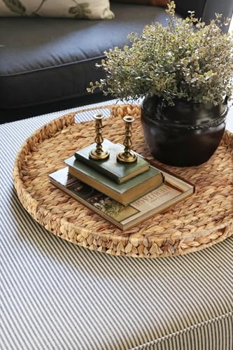 24-Inch Round Water Hyacinth Ottoman Tray with Handles - Oversized Serving and Decorative Table Organizer - Handmade