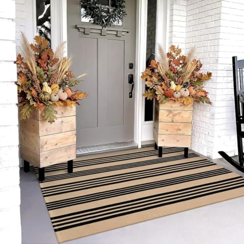 Outdoor Rug 3x5 ft Black and Tan Striped Porch Mat - Farmhouse Decor, Durable & Easy to Clean - Variation: Tan/Black Stripe / 3' x 5'