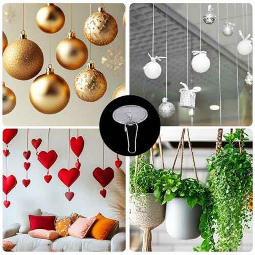 100 Pack Ceiling Hooks Adhesive, Removable Sticky Hooks for Hanging, No-Drill Transparent Ceiling Discs Hanger with Metal Hook for Festival Wedding Birthday Party Christmas Decorations