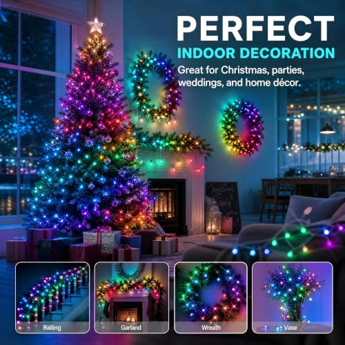 Dazzle Bright RGB 33ft 100 LED Color Changing Christmas Lights, USB Powered, Bluetooth + Remote