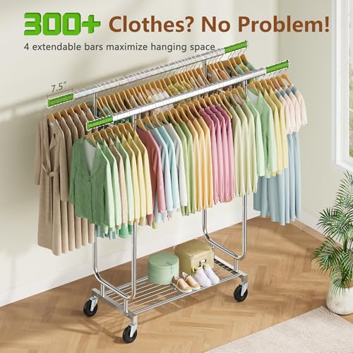 Heavy Duty Rolling Clothes Rack with Storage Shelf - Silver, 620 LBS Capacity, Adjustable Double Rod